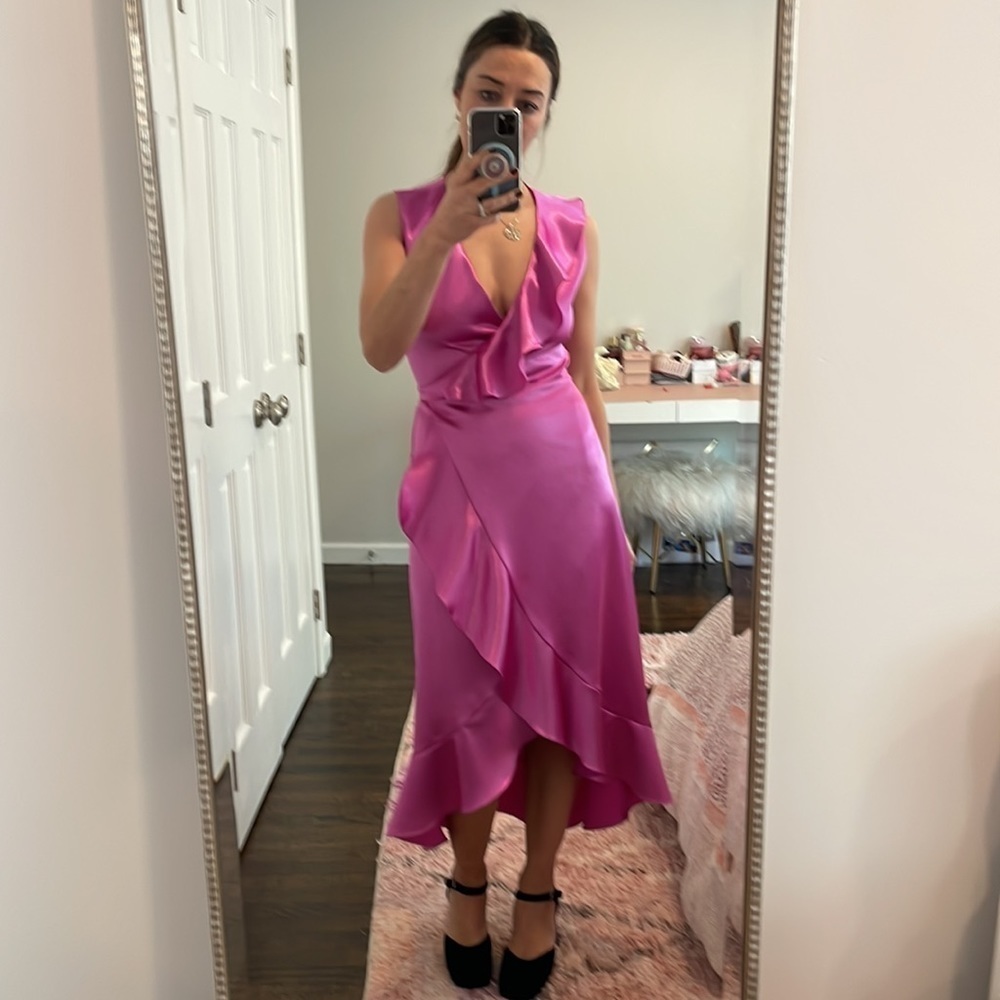 Maje Pink Ripple Ruffled Satin Midi Wrap Dress